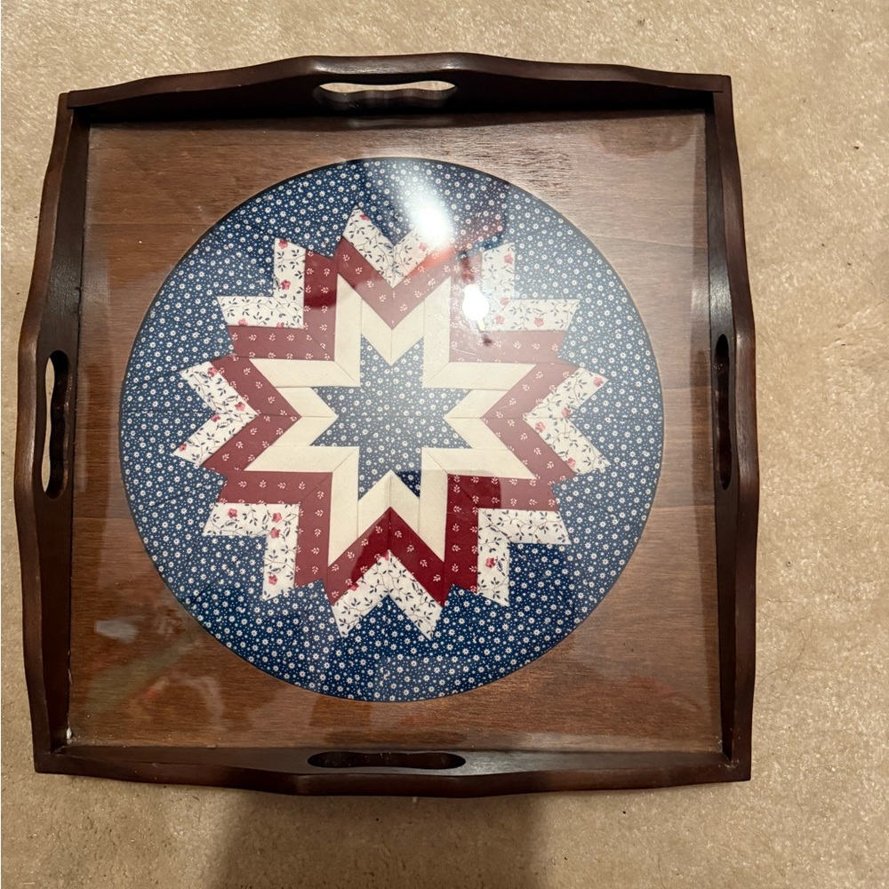 Wooden Serving Tray with Star Design in red, blue, and cream.